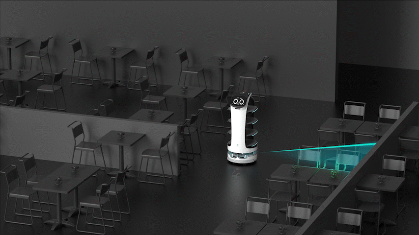 Verschiedene Laser des Roboters scannen die Umgebung des beispielsweise Restaurants ab